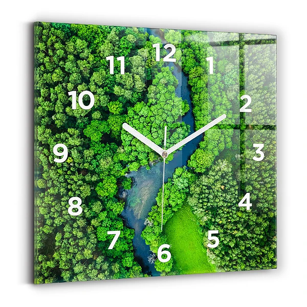 Ceas de sticlă pe perete pătrat Râu în pădure