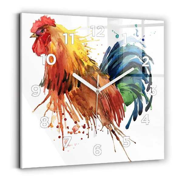 Ceas pătrat de perete din sticlă Cocoș colorat
