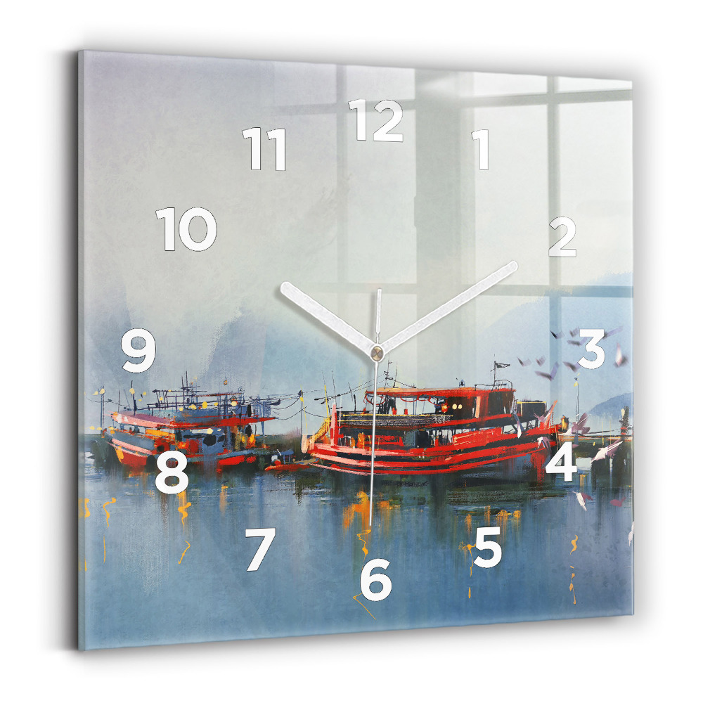 Ceas pătrat de perete din sticlă Barcă de pescuit în port