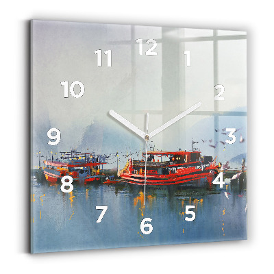 Ceas pătrat de perete din sticlă Barcă de pescuit în port