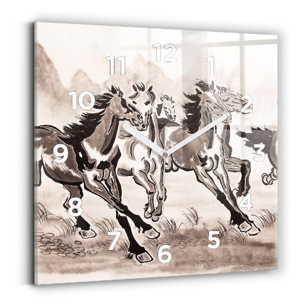 Ceas de sticlă pe perete pătrat Cai în galop