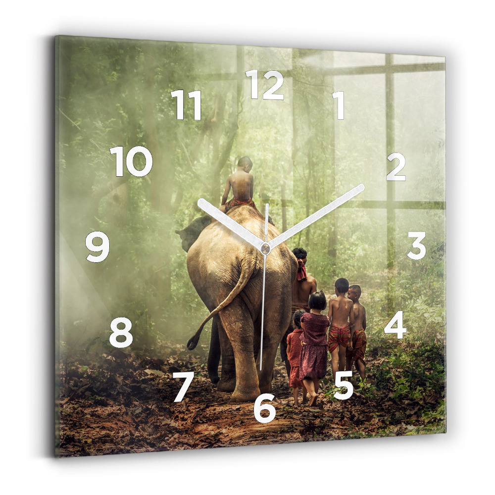 Ceas perete din sticlă pătrat Copii care conduc un elefant