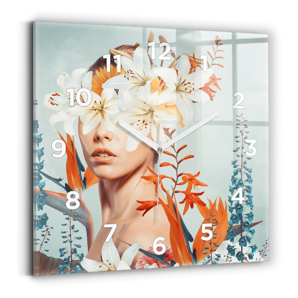 Ceas de sticlă pe perete pătrat Femeie cu flori