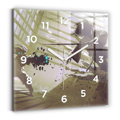 Ceas perete din sticlă pătrat Robot și samurai se luptă