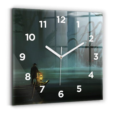 Ceas perete din sticlă pătrat Om și monstru în mlaștină