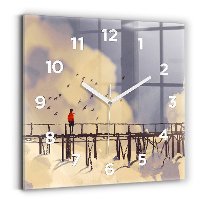 Ceas perete din sticlă pătrat Omul pe podul vechi