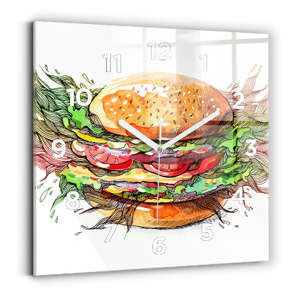 Ceas perete din sticlă pătrat Burger cu brânză XXL