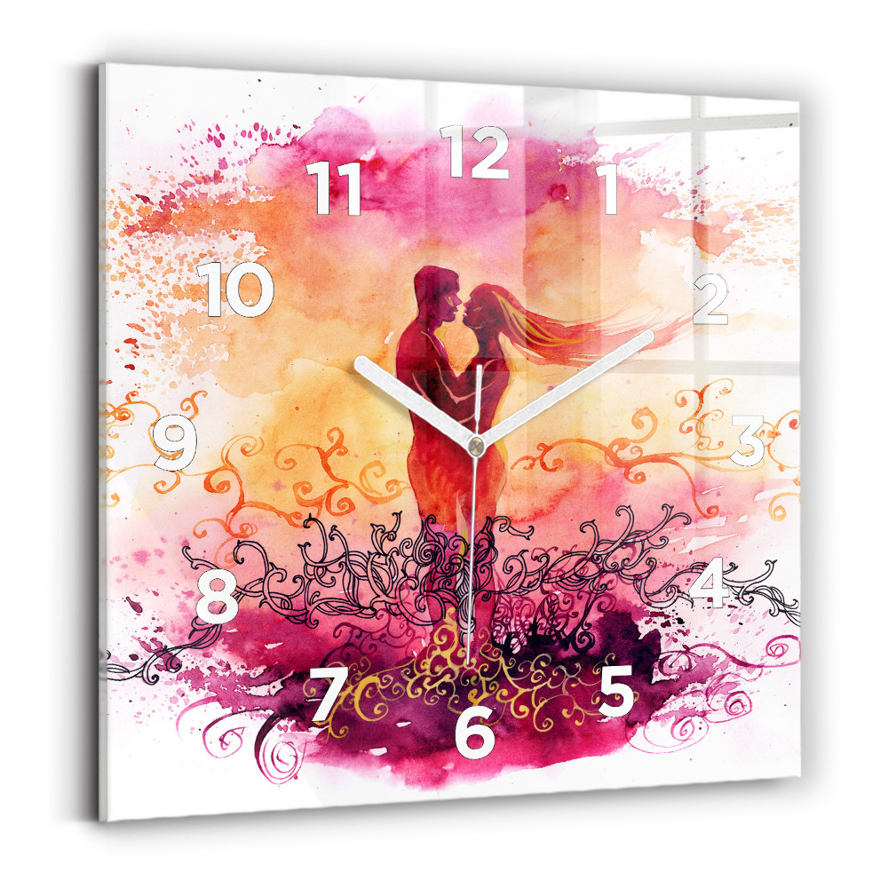 Ceas perete din sticlă pătrat Acuarele cuplu de îndrăgostiți