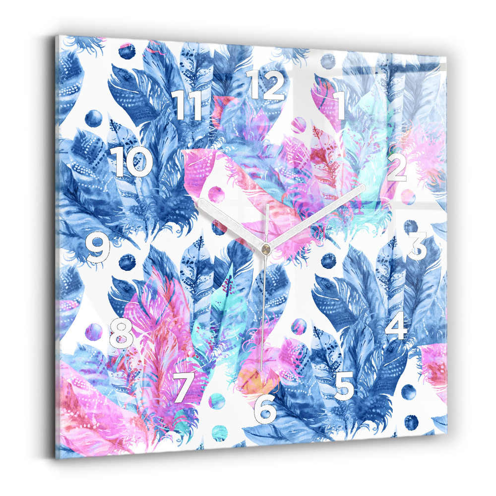 Ceas perete din sticlă pătrat Pene colorate