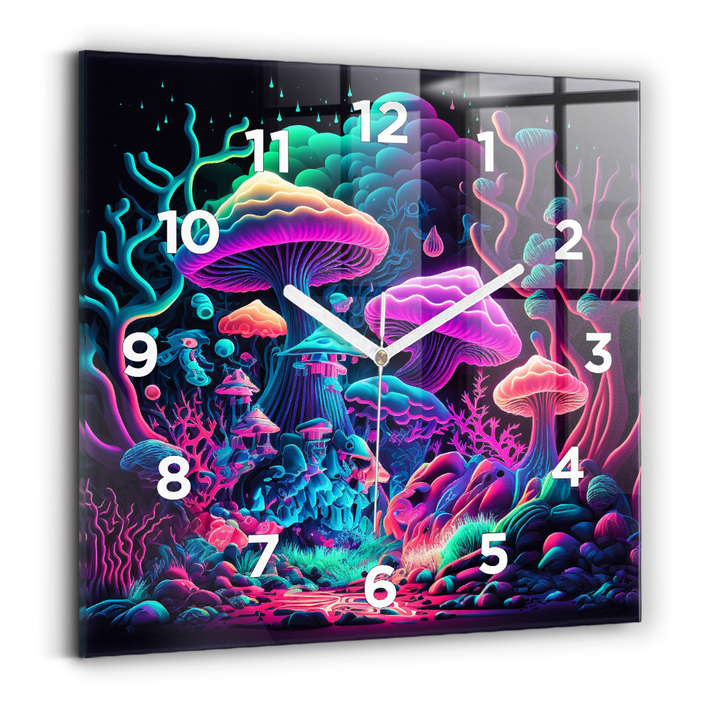 Ceas de sticlă pe perete pătrat Ciuperci neon