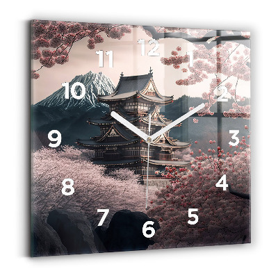 Ceas pătrat de perete din sticlă Turn și flori în Asia
