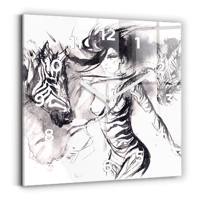 Ceas pătrat de perete din sticlă Femeie și zebre