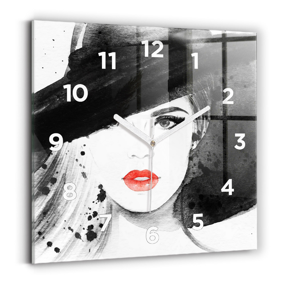 Ceas perete din sticlă pătrat Femeie cu pălărie