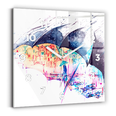 Ceas pătrat de perete din sticlă Umbrelă de ploaie și oraș