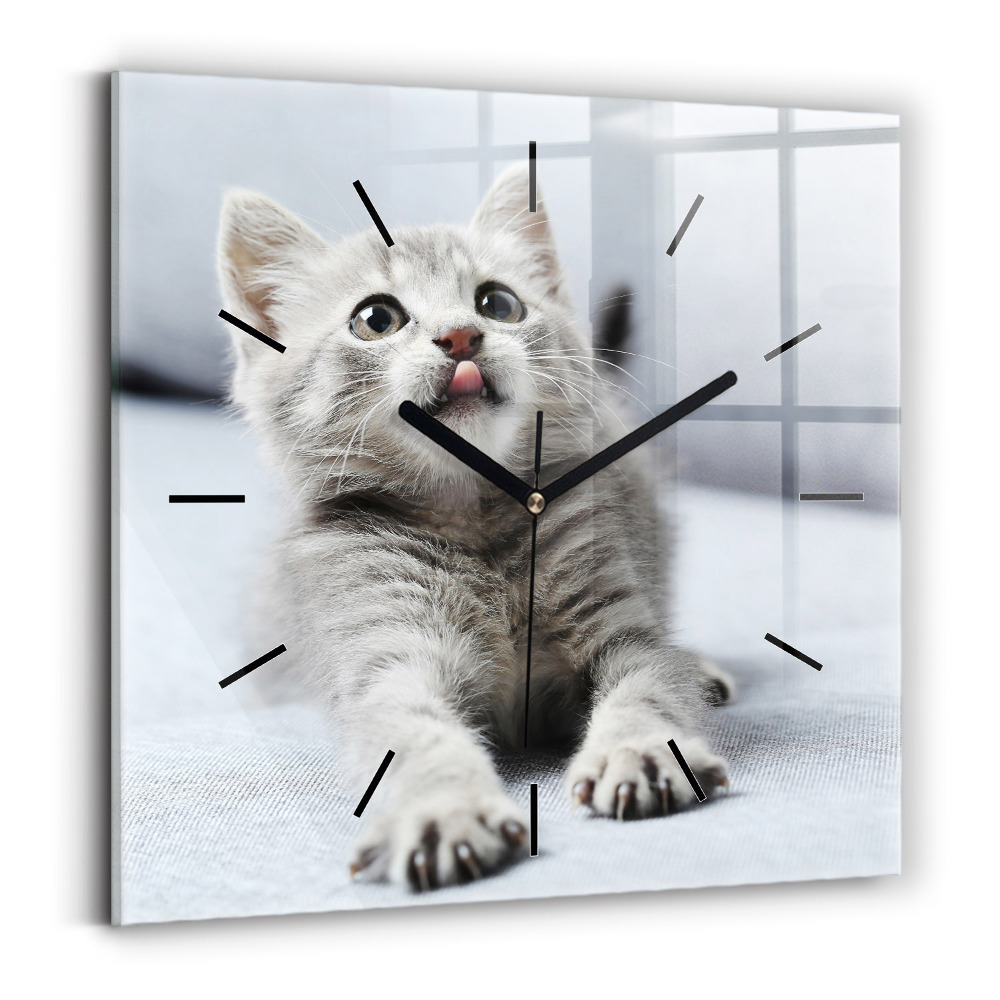 Ceas pătrat de perete din sticlă Pisica pe canapea