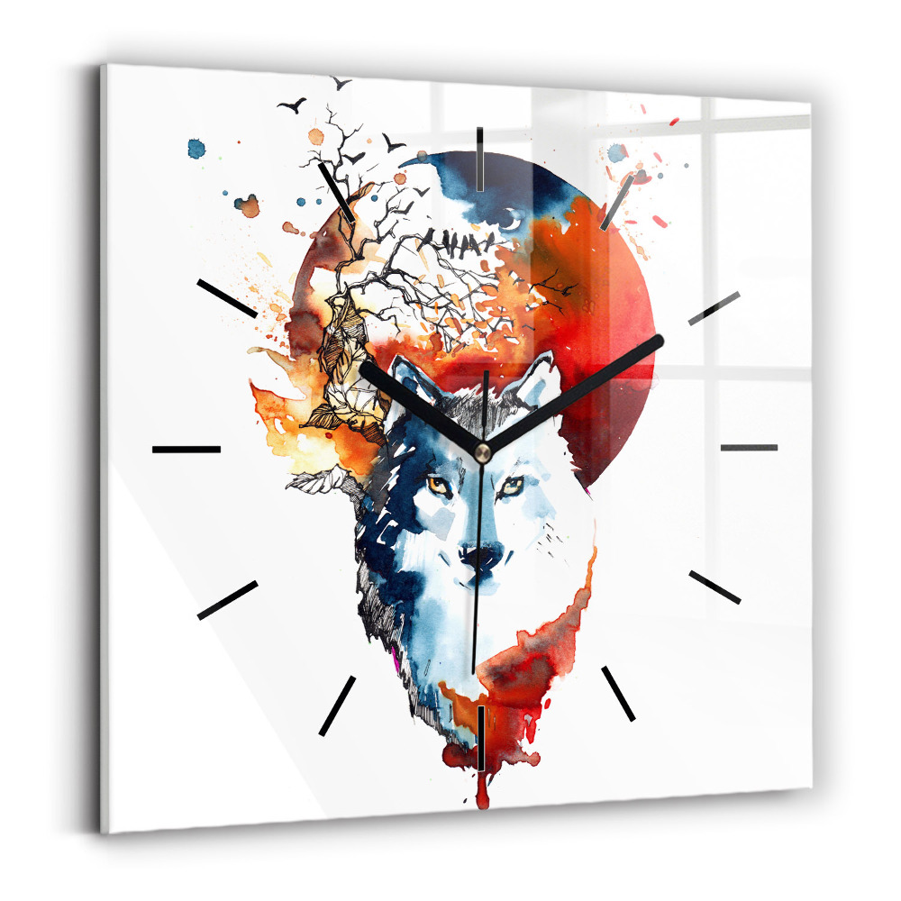 Ceas perete din sticlă pătrat Lupul și Luna Plină