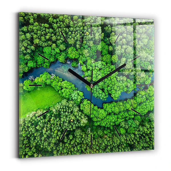 Ceas perete din sticlă pătrat Râu în pădure