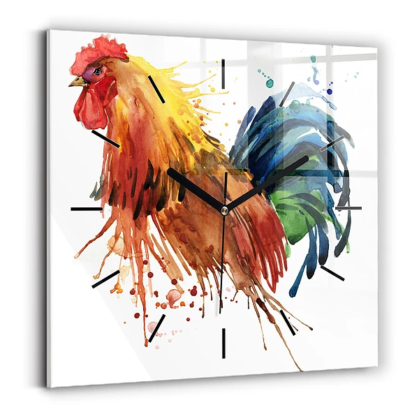 Ceas pătrat de perete din sticlă Cocoș colorat