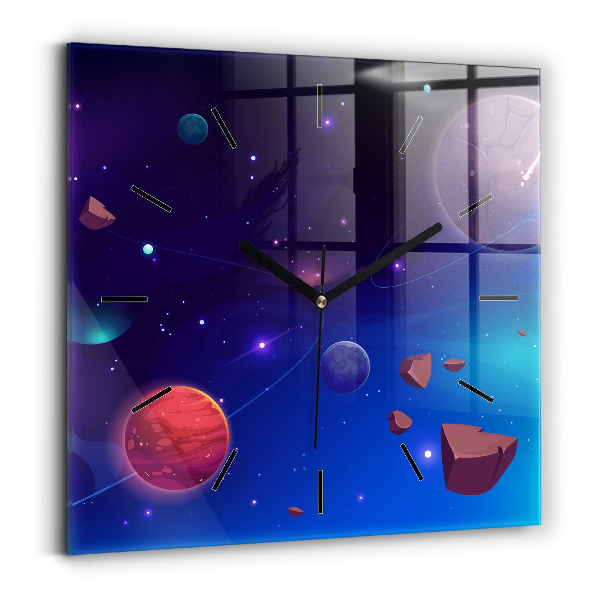 Ceas perete din sticlă pătrat Planete galaxie