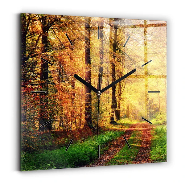 Ceas pătrat de perete din sticlă Peisaj de pădure de toamnă