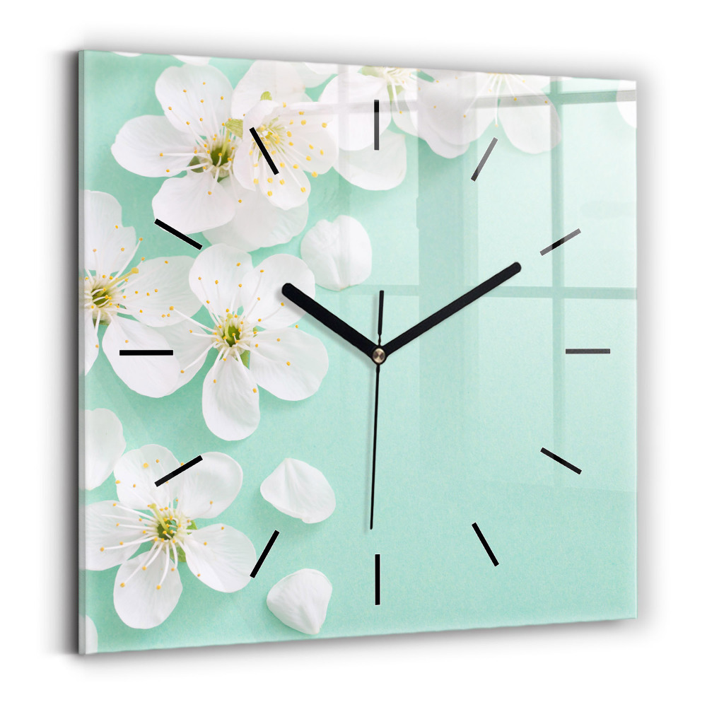 Ceas perete din sticlă pătrat Flori înflorite de măr