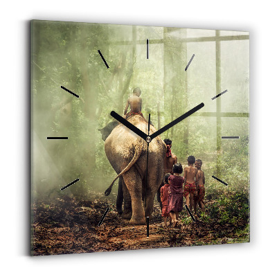 Ceas perete din sticlă pătrat Copii care conduc un elefant