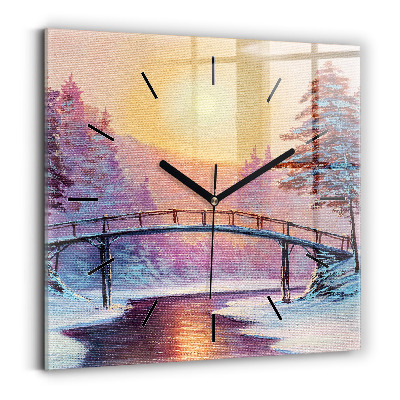 Ceas pătrat de perete din sticlă Pom de Crăciun și pod