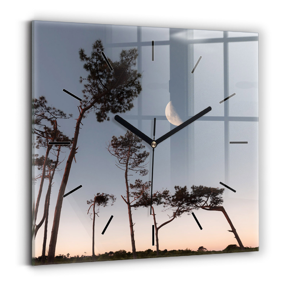 Ceas perete din sticlă pătrat Semiluna și copaci
