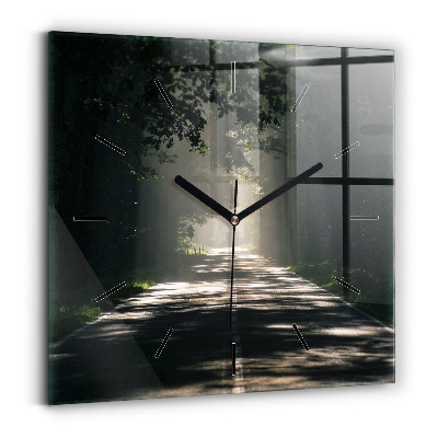Ceas perete din sticlă pătrat Drum forestier și dâre de lumină solară