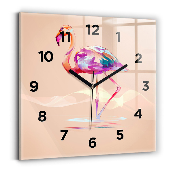 Ceas perete din sticlă pătrat Ilustrație cu flamingo
