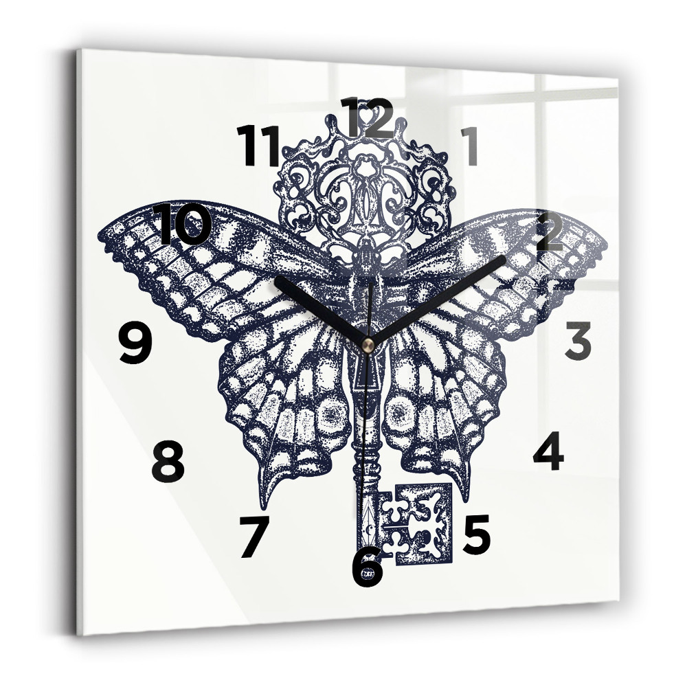 Ceas pătrat de perete din sticlă Fluture și cheie - stil boho