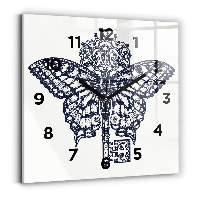 Ceas pătrat de perete din sticlă Fluture și cheie - stil boho