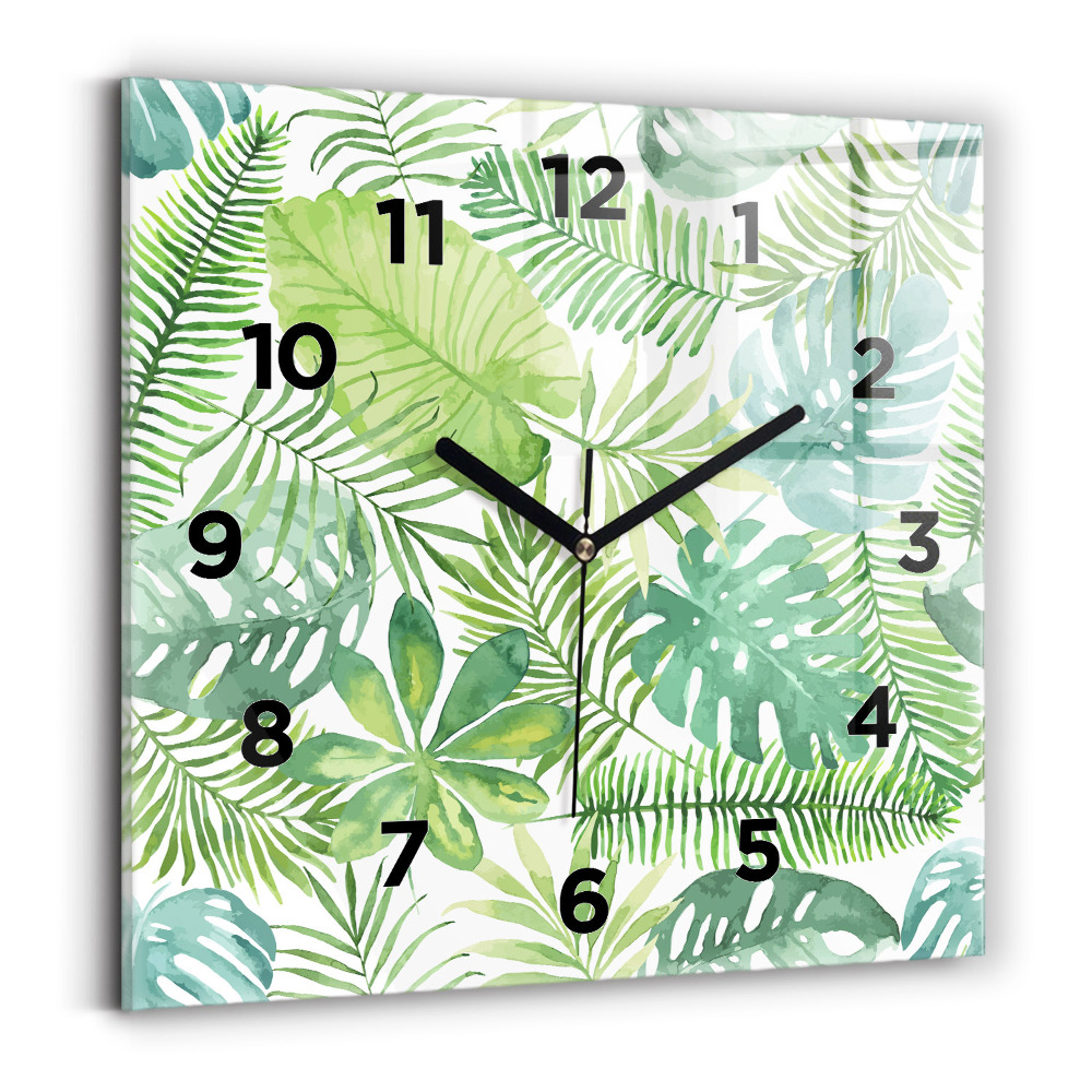 Ceas pătrat de perete din sticlă Frunze verzi