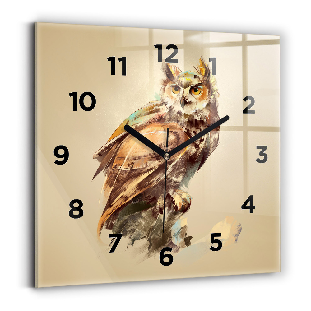 Ceas pătrat de perete din sticlă Bufniță - un semn de înțelepciune