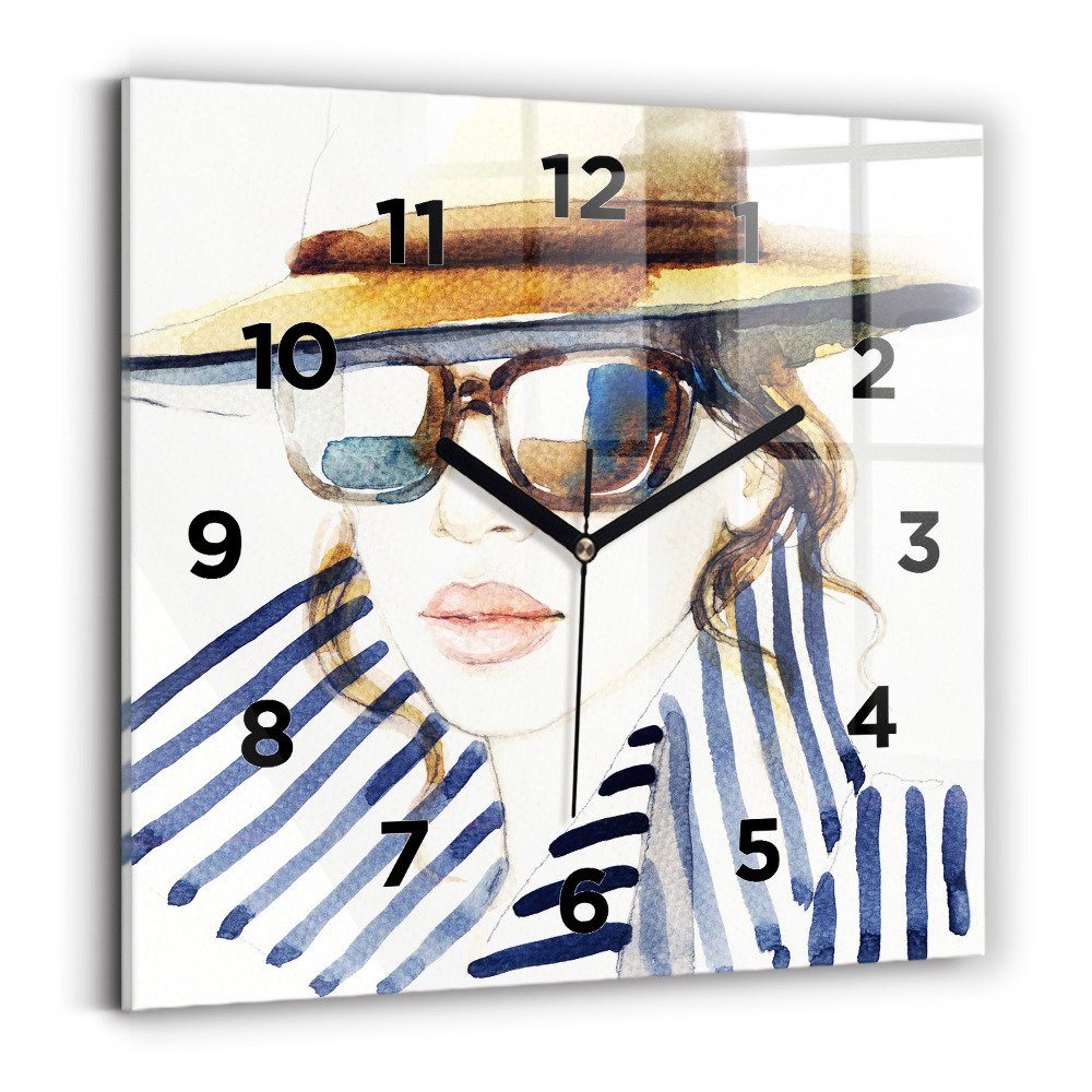 Ceas de sticlă pe perete pătrat Față cu ochelari și pălărie