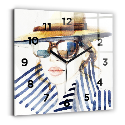 Ceas de sticlă pe perete pătrat Față cu ochelari și pălărie