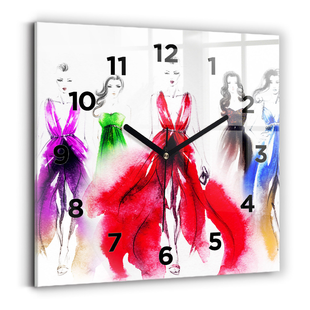 Ceas pătrat de perete din sticlă Femei în rochii colorate