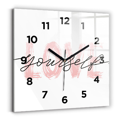 Ceas de sticlă pe perete pătrat Inscripție Iubește-te pe tine însuți