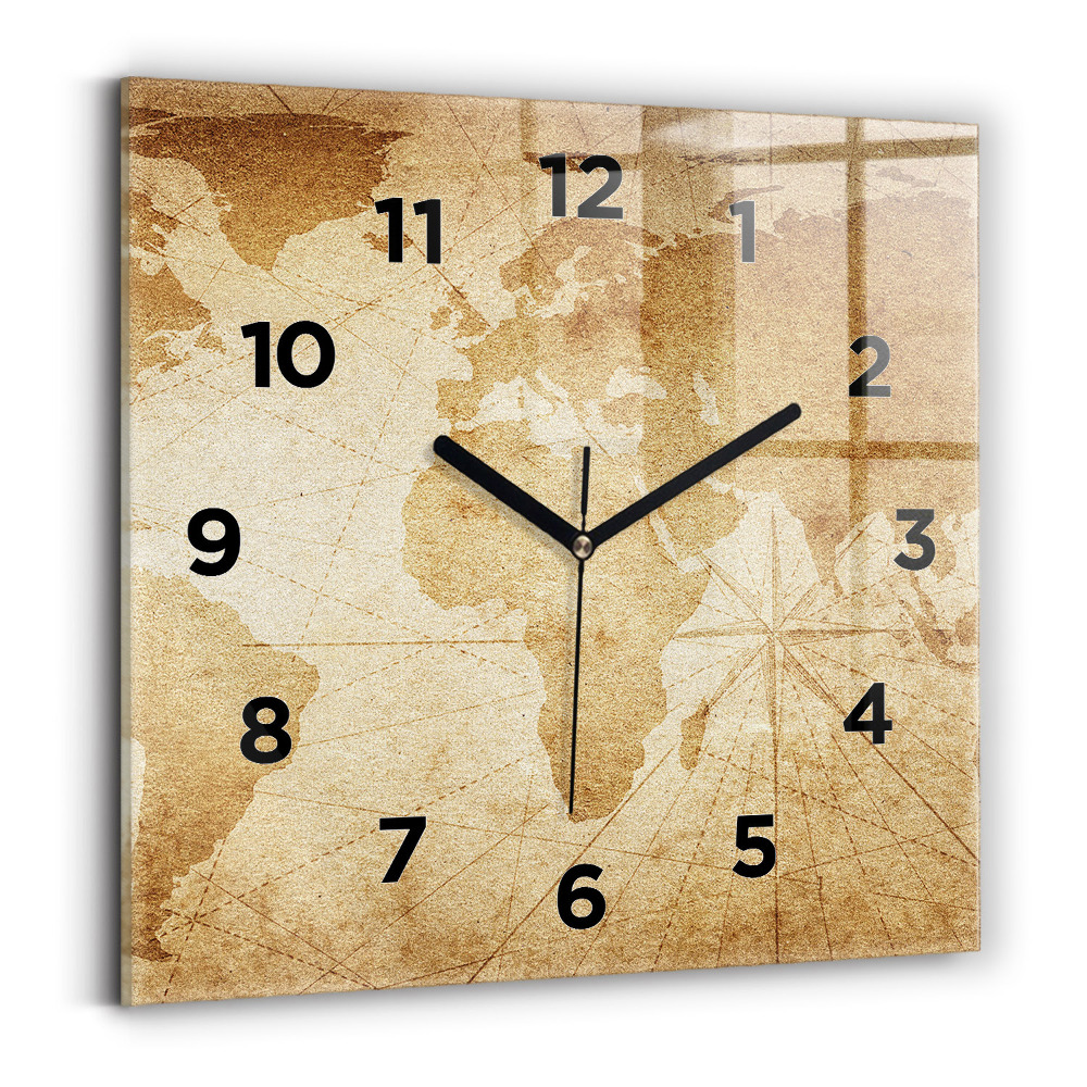 Ceas pătrat de perete din sticlă Harta lumii vintage