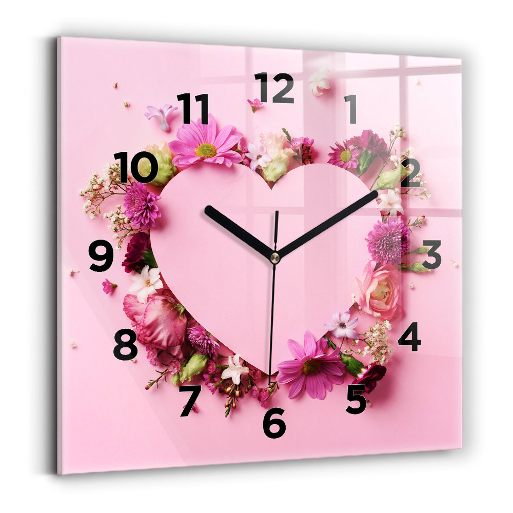 Ceas perete din sticlă pătrat Inimă făcută din flori