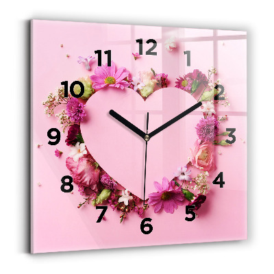Ceas perete din sticlă pătrat Inimă făcută din flori