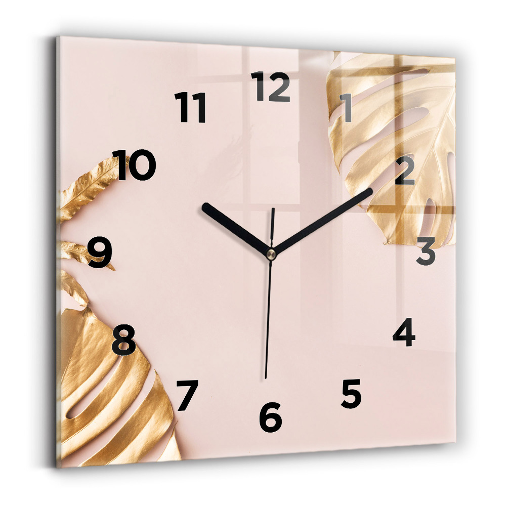 Ceas de sticlă pe perete pătrat Frunze tropicale aurii