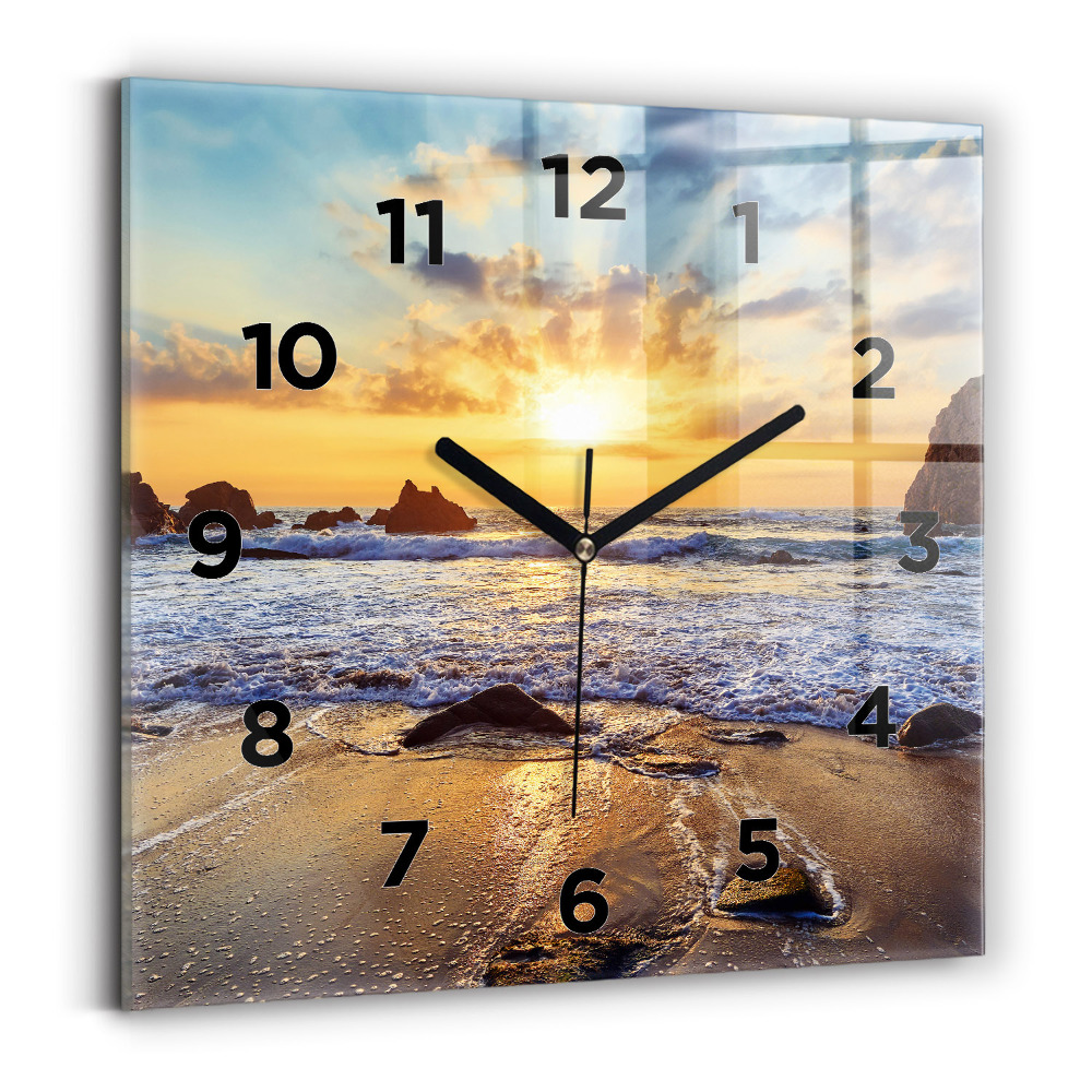 Ceas perete din sticlă pătrat Apus de soare pe plajă