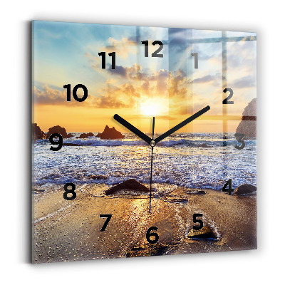 Ceas perete din sticlă pătrat Apus de soare pe plajă