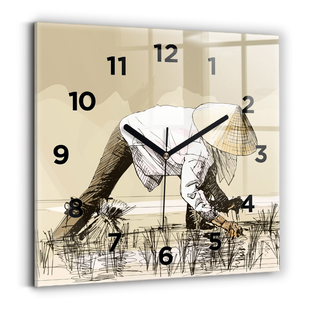 Ceas de sticlă pe perete pătrat Femeie care culege orez