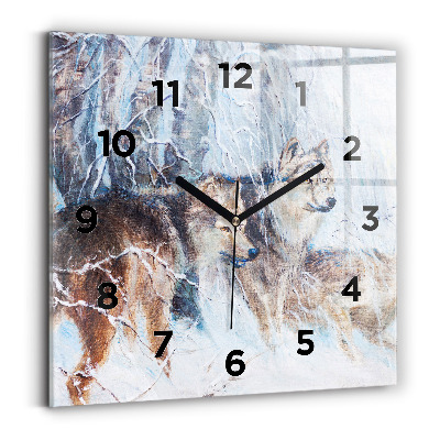 Ceas pătrat de perete din sticlă Lupi în pădure