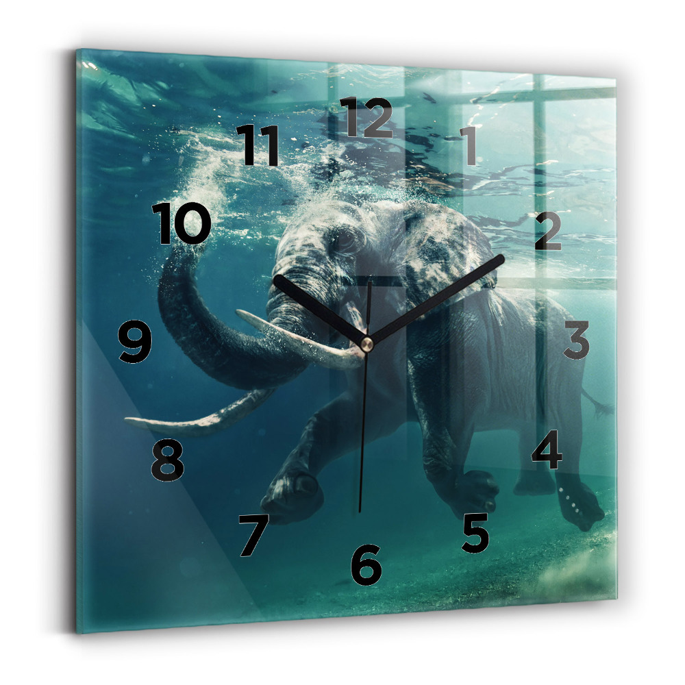 Ceas pătrat de perete din sticlă Elefantul înotând în ocean