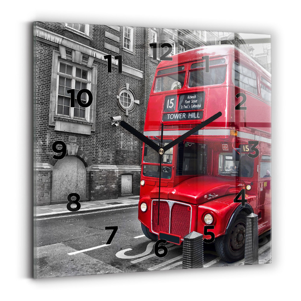 Ceas pătrat de perete din sticlă Autobuz roșu cu etaj