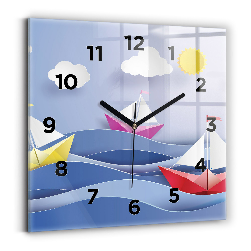 Ceas din sticlă pătrat Barci cu pânze origami colorate