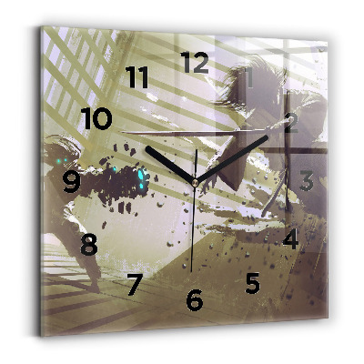 Ceas perete din sticlă pătrat Robot și samurai se luptă